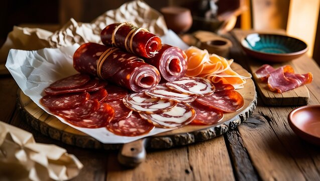 This rustic, inviting table spread featuring thinly sliced soppressata and bondiola captures the essence of traditional Italian picada. The rich reds, marbled whites, and deep golden hues meats.