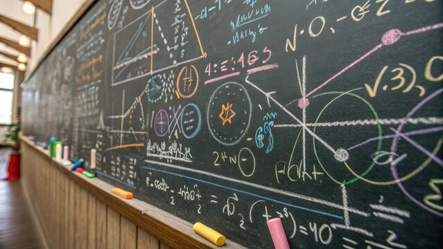 Detailed close up of a vibrant chalkboard filled with intricate mathematical formulas, geometric shapes, and drawings, creating an engaging classroom learning environment