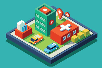 A detailed isometric illustration of a medical facility surrounded by emergency vehicles and directional markers, Emergency call Customizable Isometric Illustration