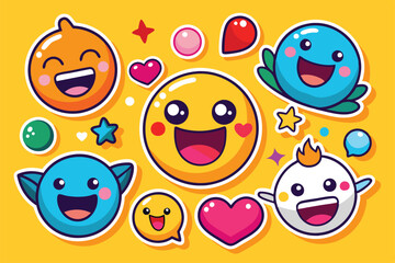 A vibrant collection of fun emotion stickers featuring characters and symbols for social media use, Emotions and expression, stickers for social networks, cheerful society,