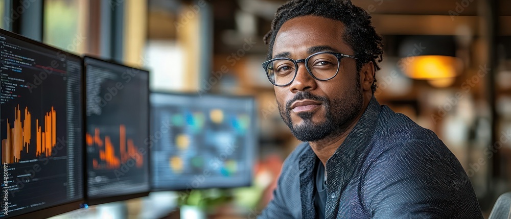 Poster professional man working with data on multiple screens