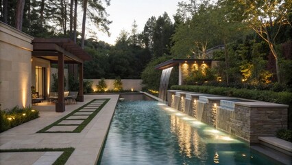 A small elegant water feature flows gently at one end of the pool providing a soothing sound that enhances relaxation. The surface of the water reflects the understated elegance of