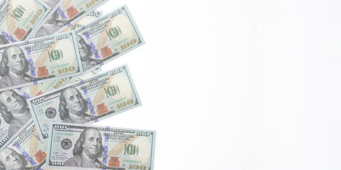 close up fiat money 100 usd banknotes on a white background. Pile of United States of America...