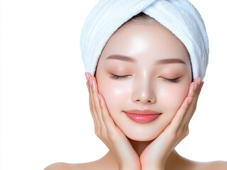 Serene woman enjoys relaxation with towel on head after refreshing shower