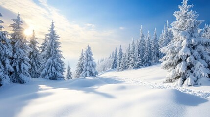 Naklejka premium A serene winter landscape with snow-covered trees and a clear blue sky.
