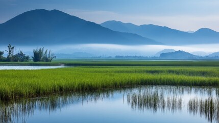 Serene landscape featuring lush rice fields, tranquil water, and distant mountain, nature, background under soft light.