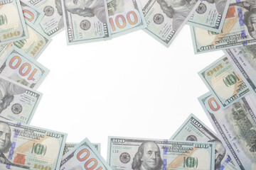 close up fiat money 100 usd banknotes on a white background. Pile of United States of America Finance. concepts of banking,cash, savings,fiat money concept,100 dollars. Money Mockup.