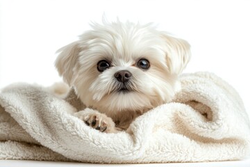 Cute small white dog resting on soft blanket with fluffy texture