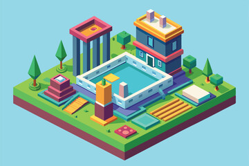 Isometric illustration of a vibrant, customizable space with a pool and playful structures, Empty Customizable Isometric Illustration