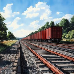 Obraz premium A serene landscape featuring a row of red cargo train cars along a railway track, surrounded by lush greenery and a bright blue sky.