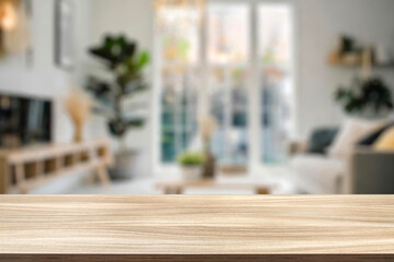 empty wooden table top blurred view of modern living room with sofa and soft bench. room interior with couch, armchair and coffee table or shelving units. stylish living room. comfortable workplace.