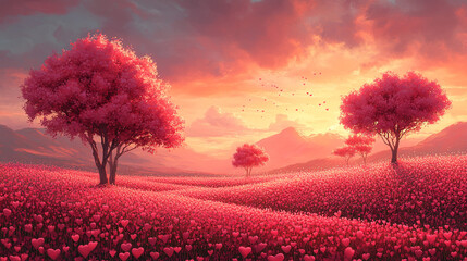 Pink field of flowers with a pink tree in the distance, pink sky, Valentine's Day theme