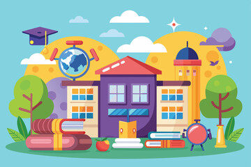 Obraz premium Children celebrate the end of the school year outside a colorful school building with books and a globe nearby, End of school Customizable Flat Illustration