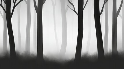 Obraz premium A misty forest background with tall, shadowy trees fading into the fog, creating a mysterious and ethereal atmosphere in subtle gray tones 
