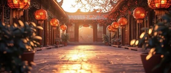 Obraz premium Golden Hour in Traditional Chinese Courtyard with Lanterns