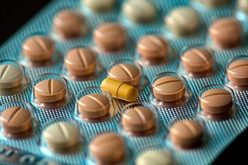 Close-up of Pills in a Blister Pack with a Yellow Pill