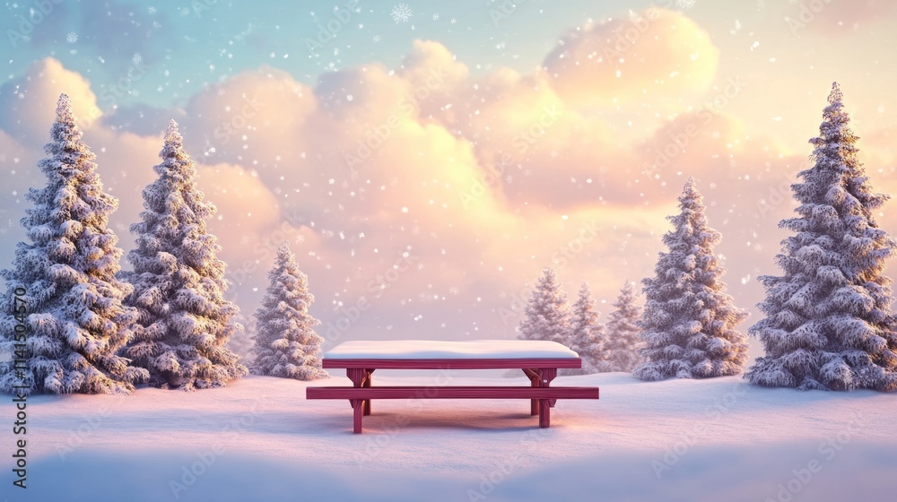 Poster a serene winter scene with a snow-covered picnic table surrounded by snowy trees.