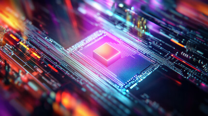 Obraz premium Close-Up Image of Circuit Board Featuring a Glowing Microchip