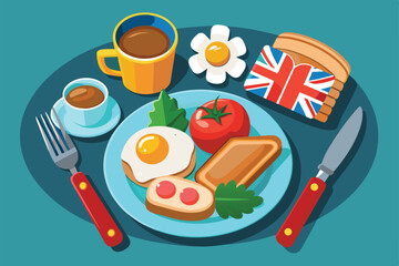 A customizable English breakfast is elegantly arranged with coffee, eggs, toast, and vegetables, English breakfast Customizable Disproportionate Illustration