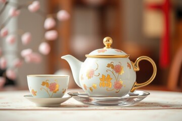 Fototapeta premium This intricate Chinese tea set, adorned with floral patterns and vibrant colors, invites guests to enjoy tea together in a cozy, festive atmosphere, perfect for celebrations