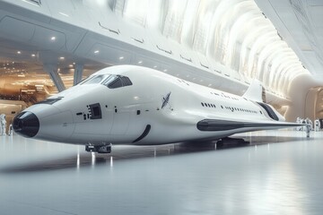Futuristic Spacecraft in Modern Interior of High-Tech Hangar