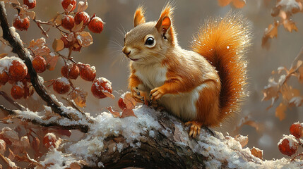 A close-up of a red squirrel  with softly blurred background