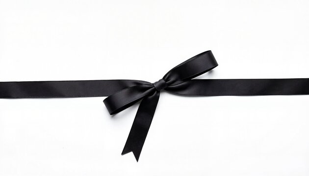 Black ribbon bow on white background, symbol of mourning with copy space