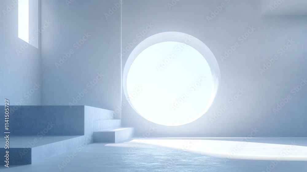 Poster a serene, minimalistic interior featuring a large circular window and soft lighting.
