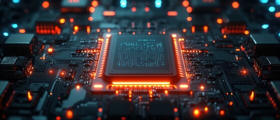 Obraz premium Closeup glowing circuit board with processor