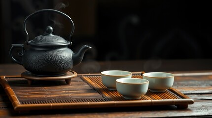 Fototapeta premium A beautifully ornate tea pot sits alongside steaming cups on a bamboo tray, embodying the spirit of Chinese New Year and shared moments of joy