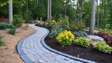Obraz premium Serene Garden Pathway Curving Through Lush Greenery and Colorful Flowers