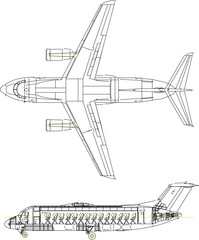 vector illustration of airplane section design with passenger seat interior details side by side