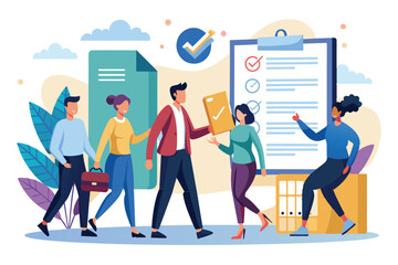 Entrepreneurs discuss contracts and collaboration in a colorful office environment, Entrepreneurs enter into work contracts