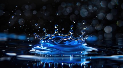 Blue Water Splash with Droplets and Ripples on Dark Background