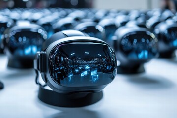 Futuristic Display of Virtual Reality Headsets in a Technology Showcase