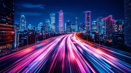Obraz premium ネオンが輝くビル街の道路