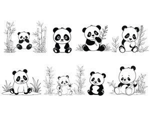 set of panda cartoon character line art design