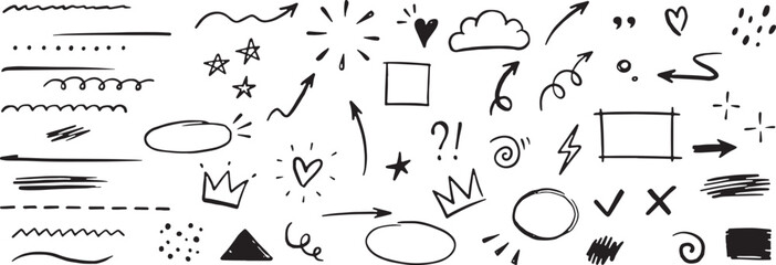 Arrow, heart brush element set. Handdrawn sketch marker underline shape, arrow, heart scribble brush pen stroke element. Line shape marker underline, Crown, love graphic icon. Vector illustration  © GraphicGalaxy