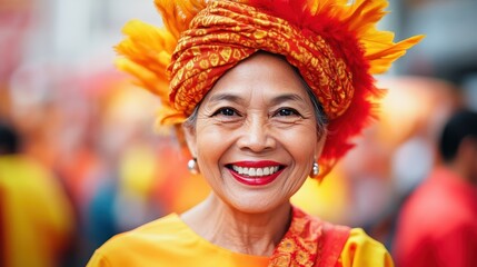 Fototapeta premium Vibrant Portrait of a Woman in Traditional Attire with Bright Colors and Traditional Headpiece Smiling in a Cultural Festival Setting