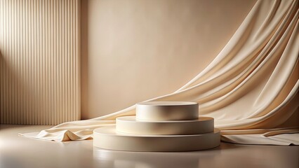 Minimalist Beige Podium for Product Presentation, Conceptual Photography, Clean Branding, Simple Aesthetic, Elegant Display, 3D Rendering, Soft Fabric Background, Modern Visuals, Advertising