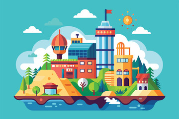 Fototapeta premium This colorful landscape showcases a modern city with diverse architecture and natural features by the water, Environment Customizable Flat Illustration