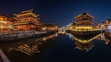 Obraz premium A serene night view of traditional buildings reflected in calm water.