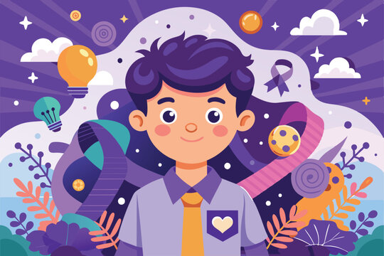 A friendly character highlights epilepsy awareness in a vibrant, engaging setting with colorful symbols, Epilepsy Customizable Cartoon Illustration