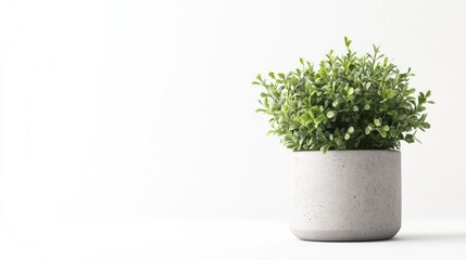 A small potted plant in a minimalist concrete pot on a light background.