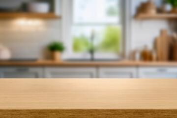 Kitchen wood table top for product display with blurred modern interior. Wooden tabletop over...