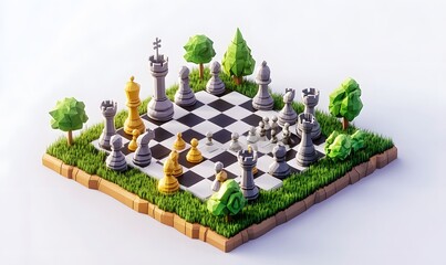 Chessboard on grass with game pieces.