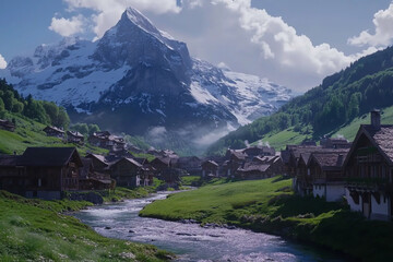A cinematic still, a picturesque mountain village with charming wooden buildings with white walls, nestled amidst snow-capped peaks and greenery.