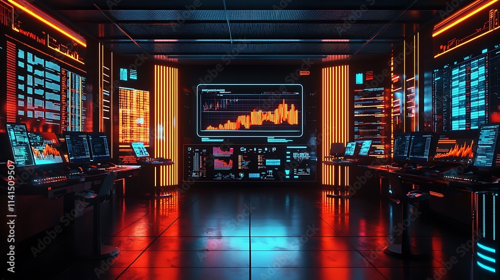 Poster Futuristic trading room with glowing screens displaying financial data and charts.