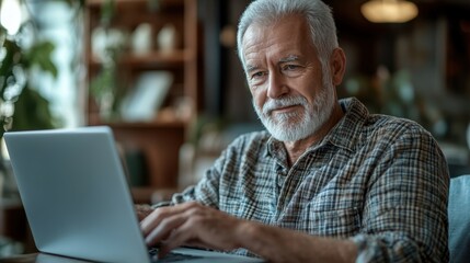 Obraz premium Senior man sitting at home with laptop engaged in online research in a cozy indoor environment surrounded by plants and warm lighting