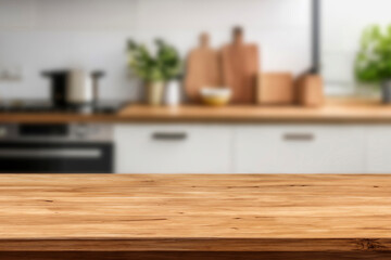 Kitchen wood table top for product display with blurred modern interior. Wooden tabletop over...